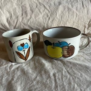 1970’s stoneware flower coffee cup and fruit soup mug.  Vintage.Retro